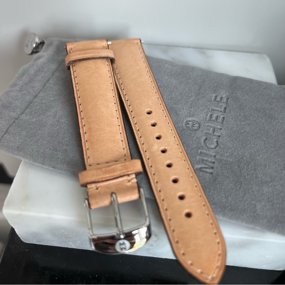Michele, Authentic Leather Strap in Natural Tan snd silver hardware 18mm